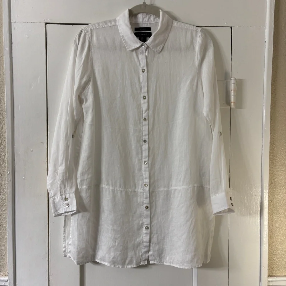 TAHARI 100% Linen White Button Down Shirt - Picture 13 of 14